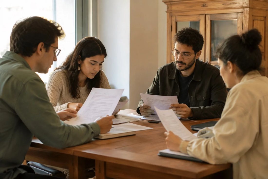 Profissionais reunidos numa sala clara enquanto uma pessoa explica um ponto